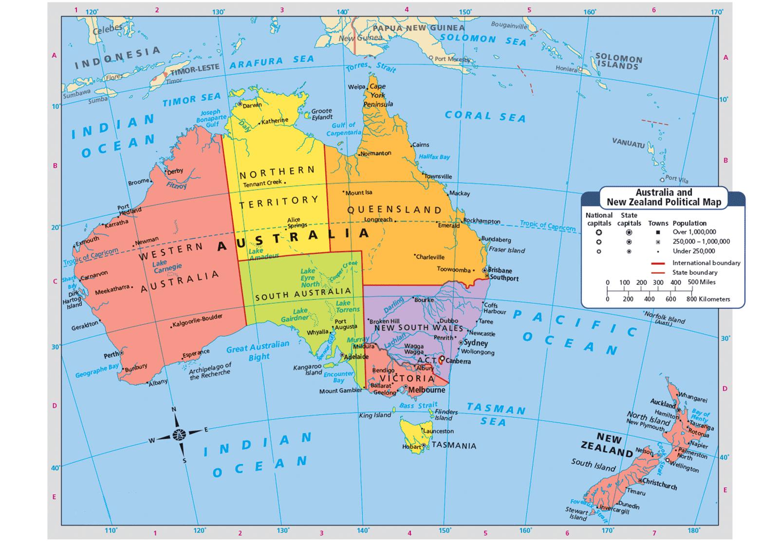 New Zealand on world map: surrounding countries and location on Oceania map